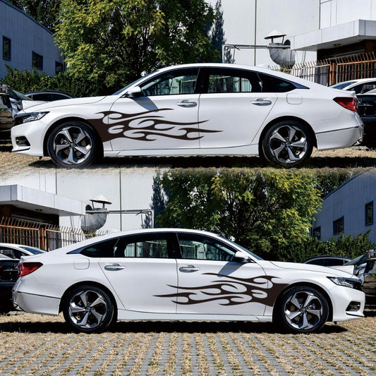 White car with black flame pattern side and door decorative sticker decals