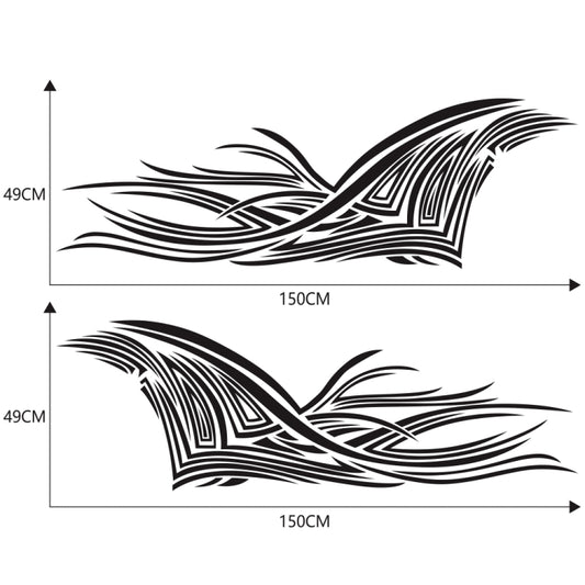 2-piece car decal sticker set size chart: black tribal line stripe graphics, 150x49 cm