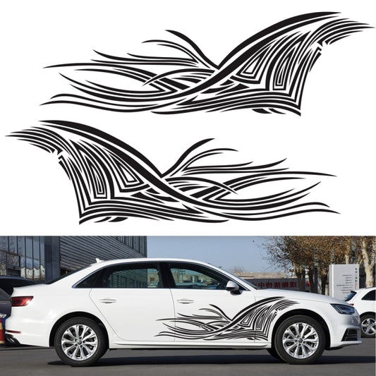 2-piece car side stripe decal sticker set, black line tribal pattern on white sedan