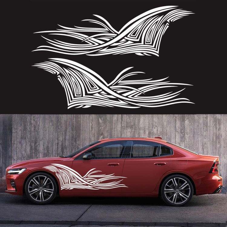 2-piece car decal sticker set with black tribal line stripe pattern on red sedan