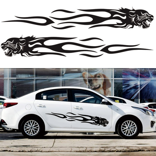 Car door decal set with black flame lion graphic, two long side stripes