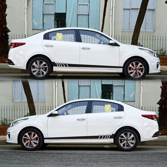 2-piece side stripe decal set with diagonal chevrons on a white car door