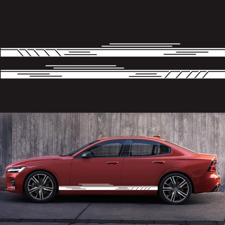 White stripe car door decal set on red sedan, racing linear pattern