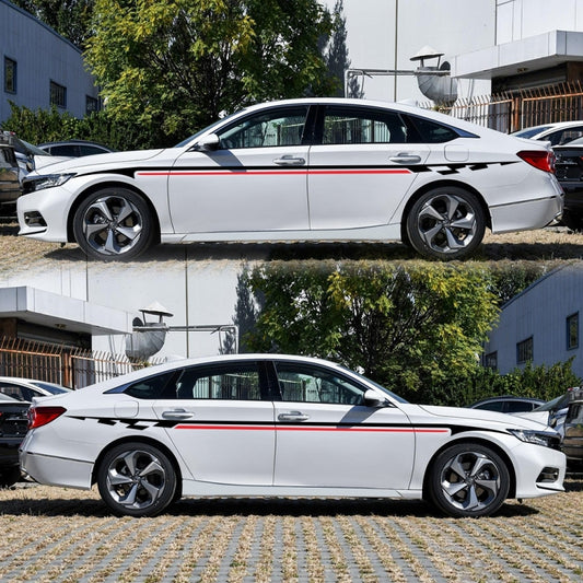 Car side stripe sticker set on white sedan with black check pattern and red accent lines