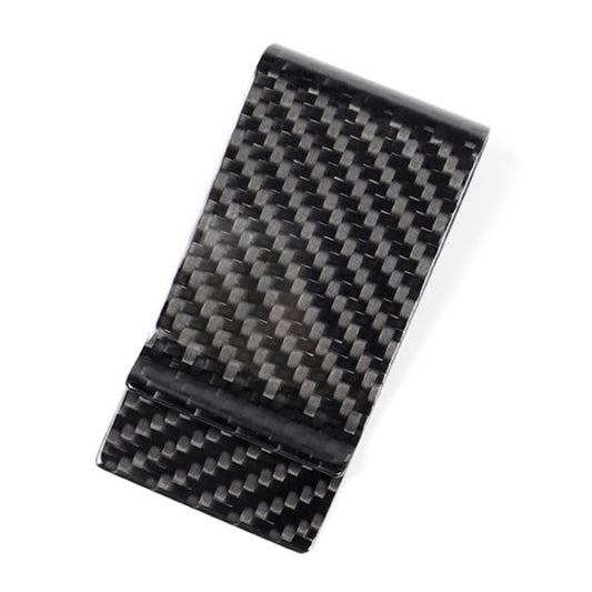 Black carbon fiber card holder with woven pattern, angled view