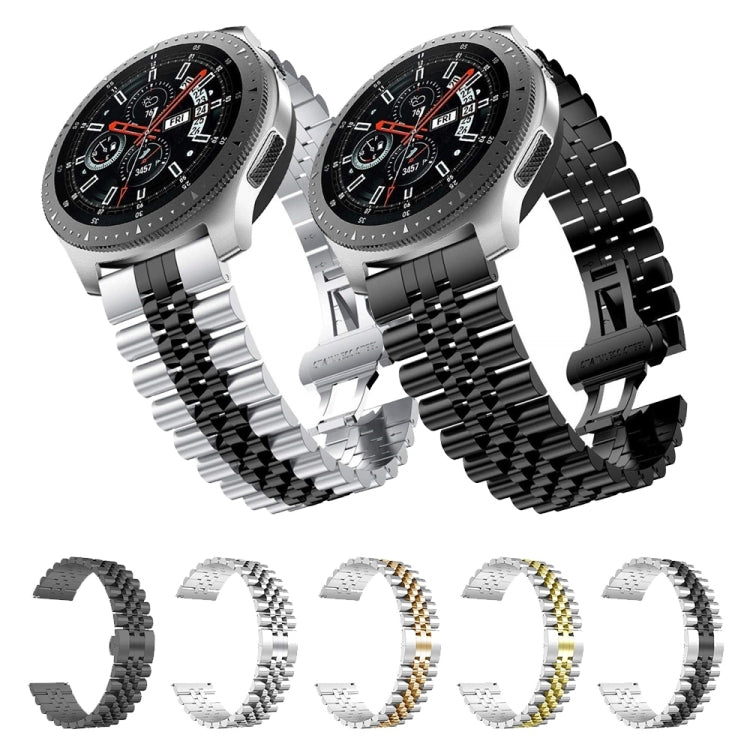 Set of five-bead stainless steel watch bands in black, silver, gold, and rose-gold