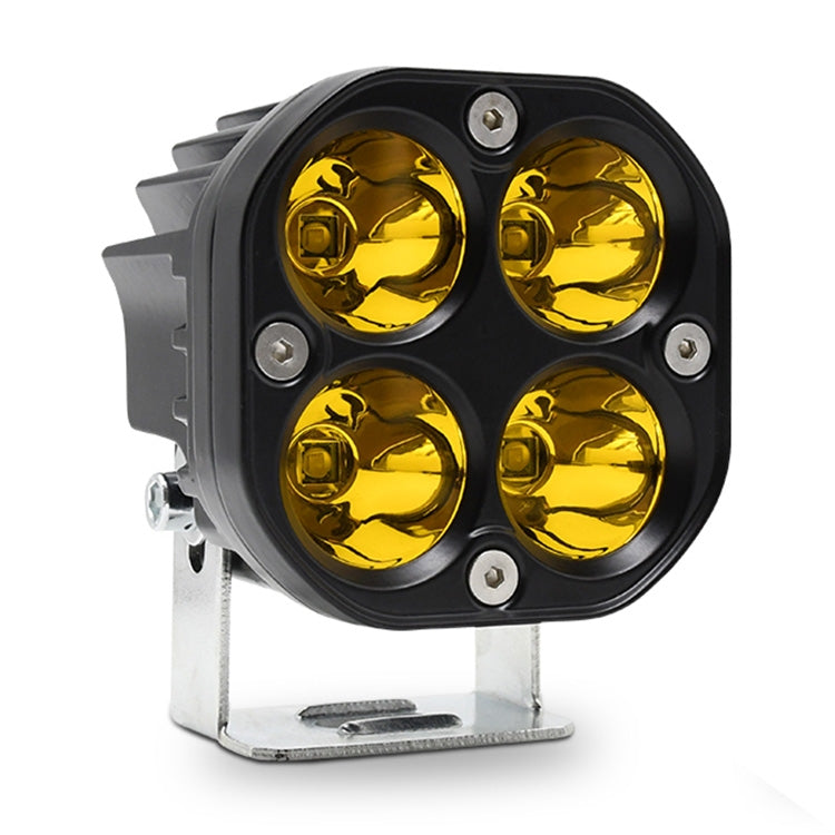 4-LED car spotlight with four round yellow LEDs, black housing and metal bracket