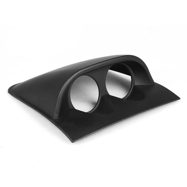 Black dash gauge pod mount holder with two circular gauge openings, curved base