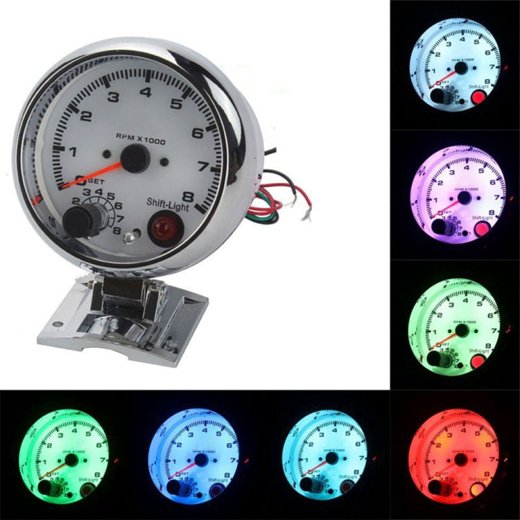 Car tachometer gauge with multicolor backlit RPM dial, shift-light, and wire leads
