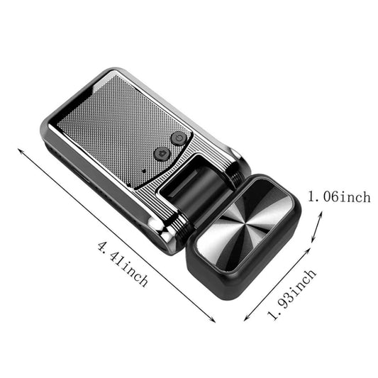 Dual-lens dash cam with textured sensor panel and side mounting clip, black