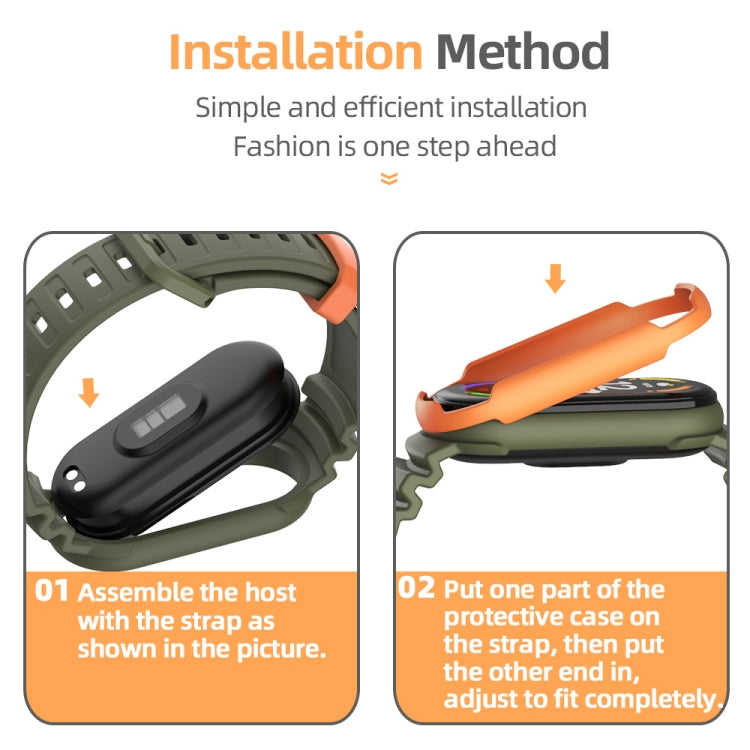 Watch band installation steps showing olive strap and orange protective case accents