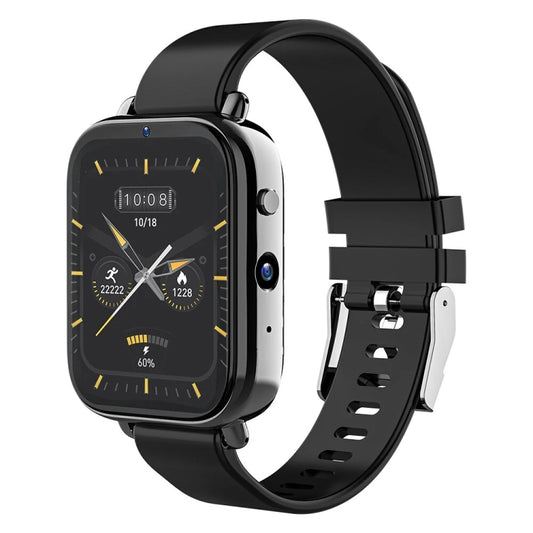 Black rectangular touchscreen smartwatch with silicone strap and side blue button
