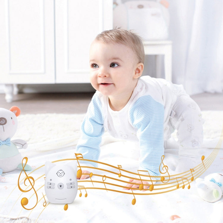 White cat-shaped wireless baby monitor with speaker and music controls, with music-note graphics
