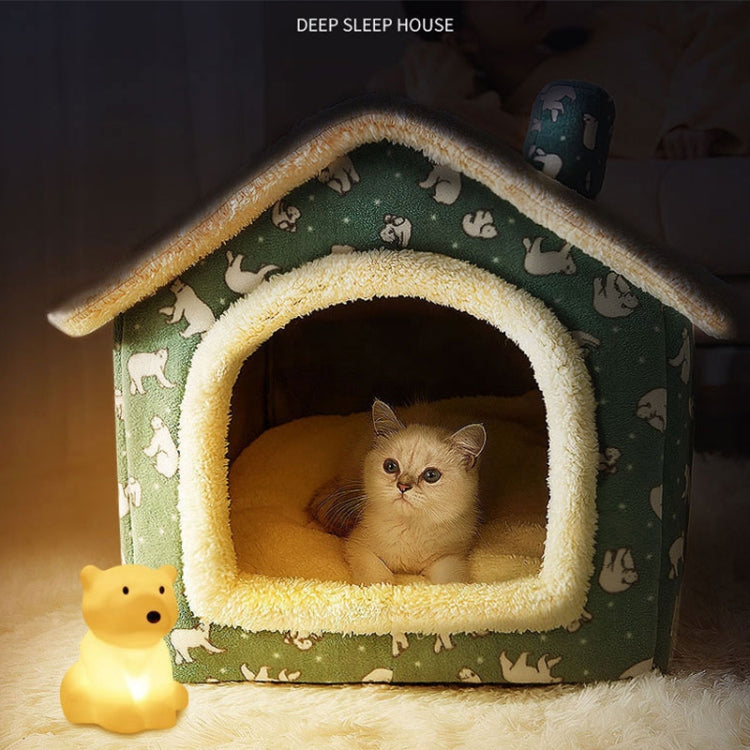 Green printed pet house bed with yellow sherpa trim door, cat inside plush tunnel