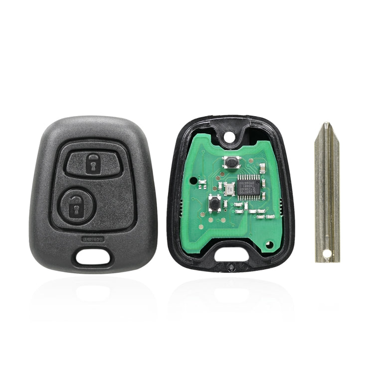 Two-button car key fob set with dark gray shell, circuit board, and key blade