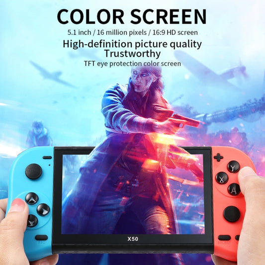 Handheld retro game console with blue and red controls and 5.1-inch screen in hand