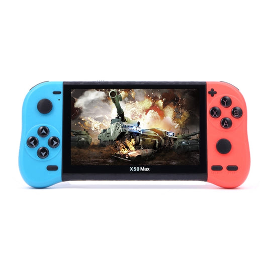 Blue and red handheld game console with 5.1-inch screen and dual analog sticks