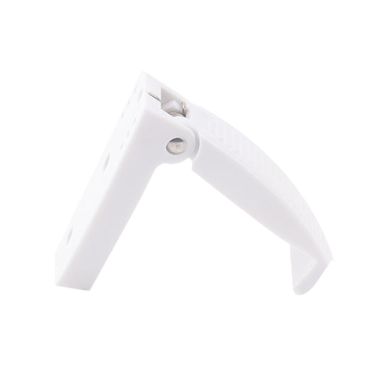 White RV door hook latch holder arm on base, close-up