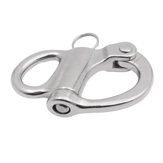 Fixed stainless steel spring shackle with circular ring loop and oval link opening