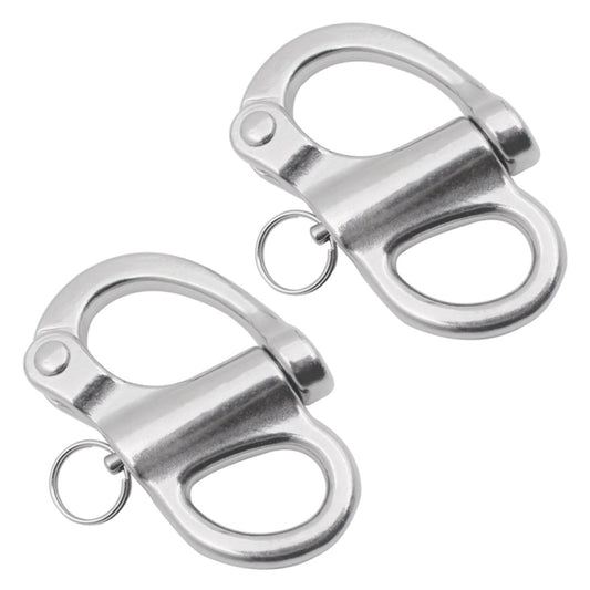 Pair of fixed stainless steel spring shackles with oval eye and retaining ring