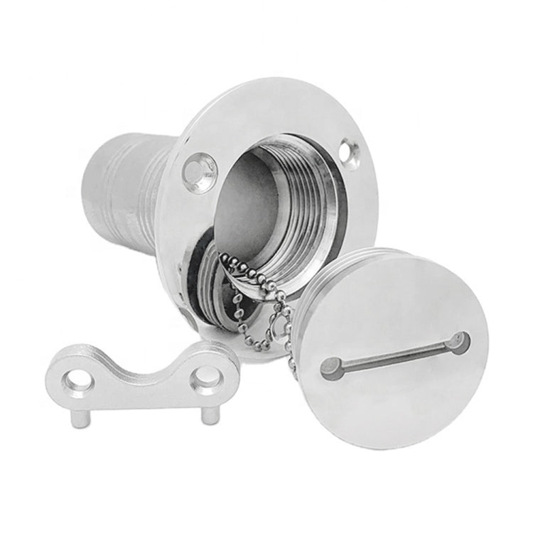 Stainless steel yacht fuel filler assembly with hinged cap, chain, and mounting bracket