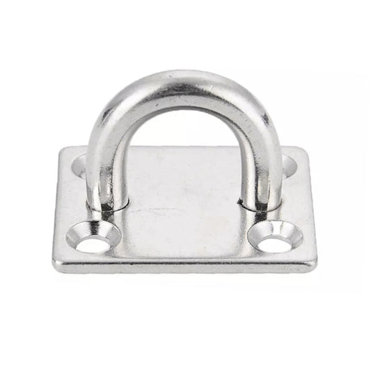 Stainless steel ship door hinge close-up with curved U-loop and square mounting plate