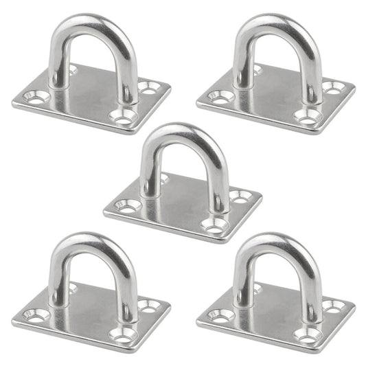 Five stainless steel ship door hinges with square bases and curved U-loop handles