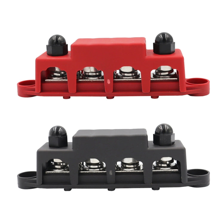 High current power distribution terminal block with cover, black and red stud connectors