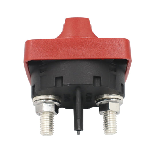 Red battery power off switch rear view with two screw terminals and black base
