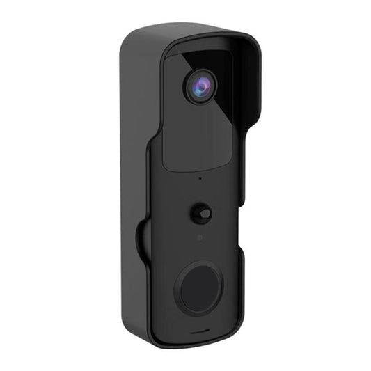 Black smart video doorbell side view with camera module, speaker grille, and button