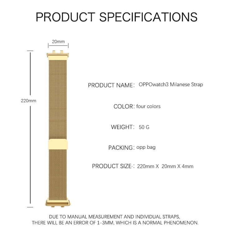 Watch band product specifications diagram with measurements and color info.