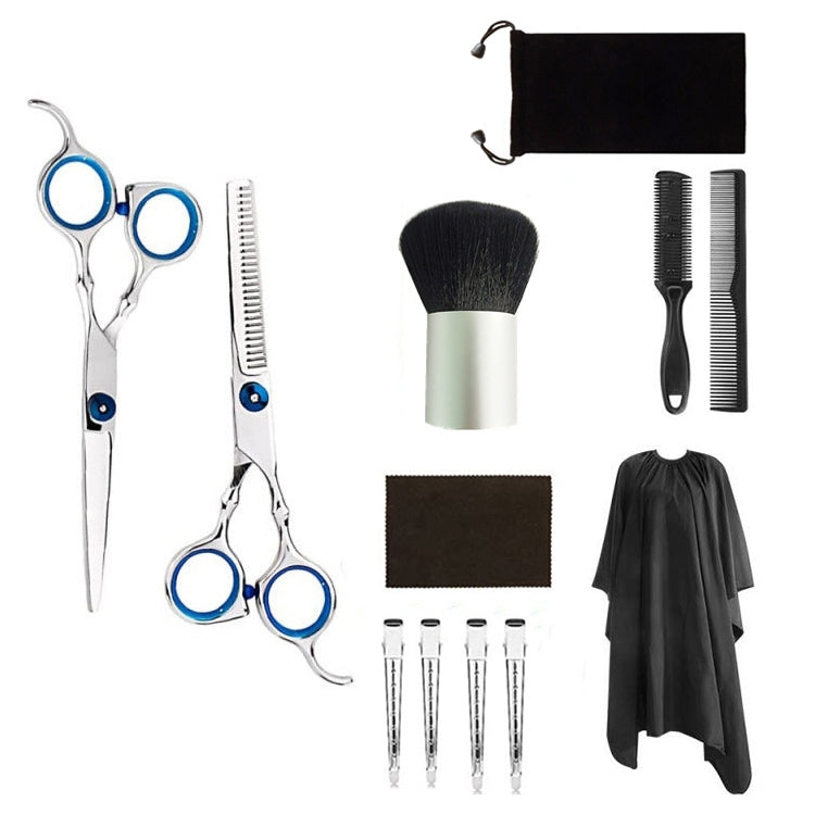 Hair cutting thinning shear set with two silver scissors and blue rings, combs, brush, pouch