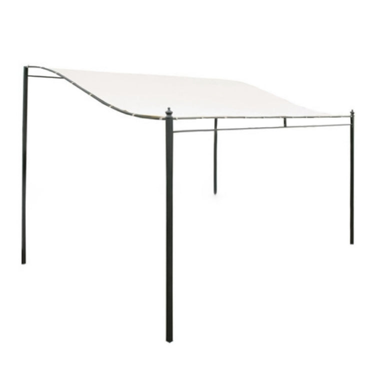 Waterproof shade awning with white canopy stretched over black metal frame