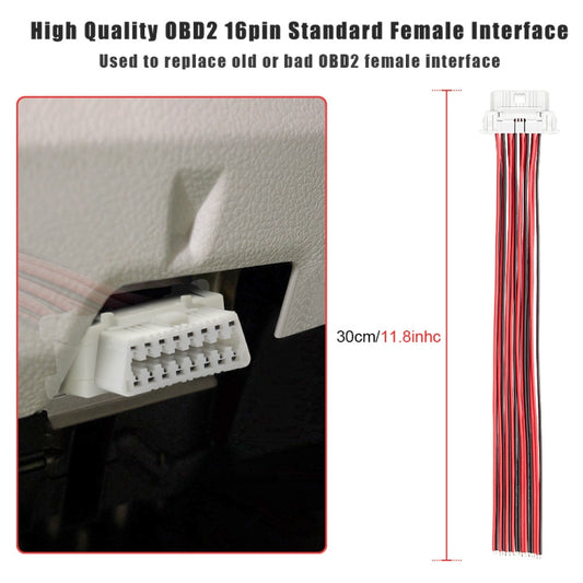 30cm 16-pin OBD2 female interface cable with white plug and multi-wire harness