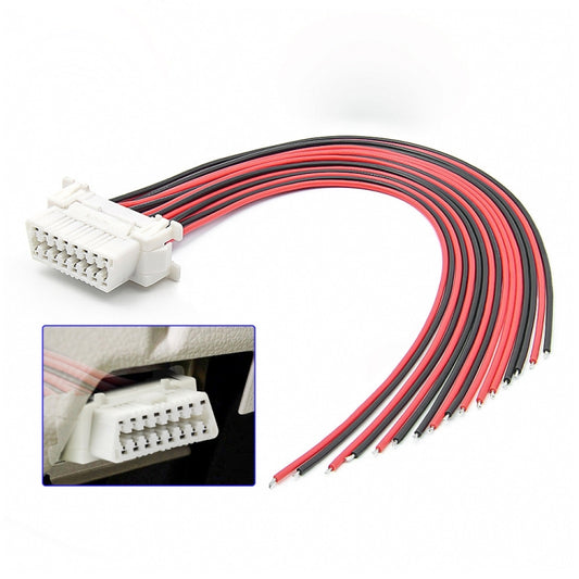 30cm 16-pin OBD2 extension cable with white multi-pin connector and prewired leads