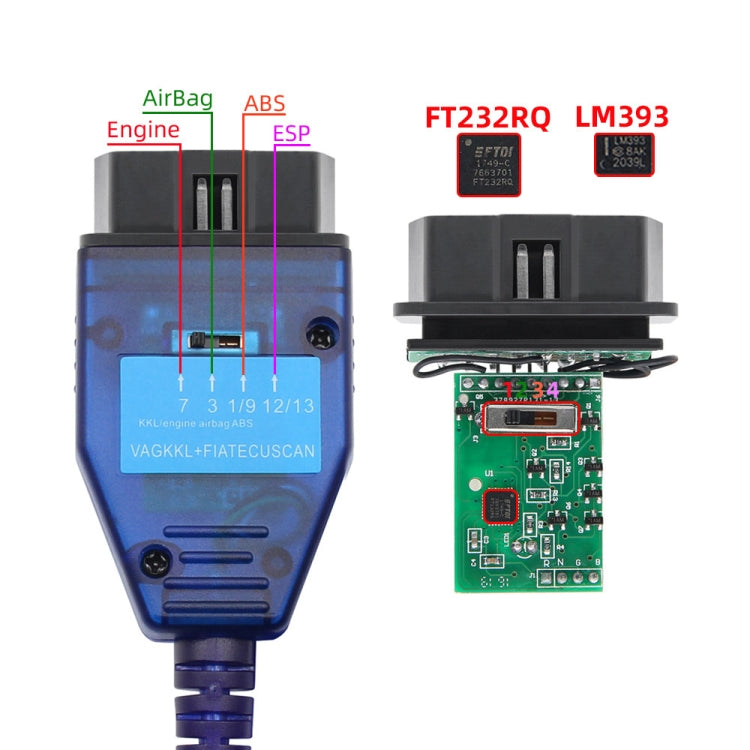 KKL FT232RQ diagnostic interface showing ports and internal circuit board