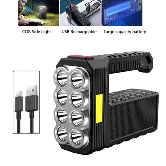 Black camping flashlight lamp with round multi-LED array and yellow side light strip