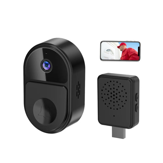 Black mini smart video doorbell with indoor chime and phone live view