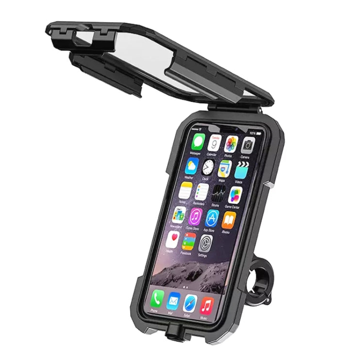 Black waterproof handlebar phone holder case with clear screen window for wireless charging