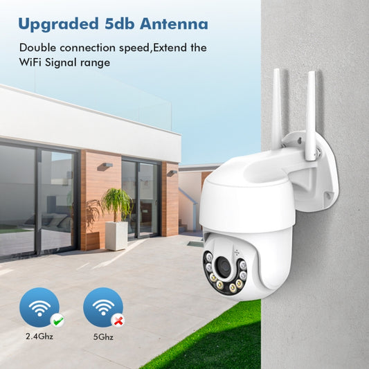 White wireless surveillance camera on wall bracket, two antennas, front lens visible
