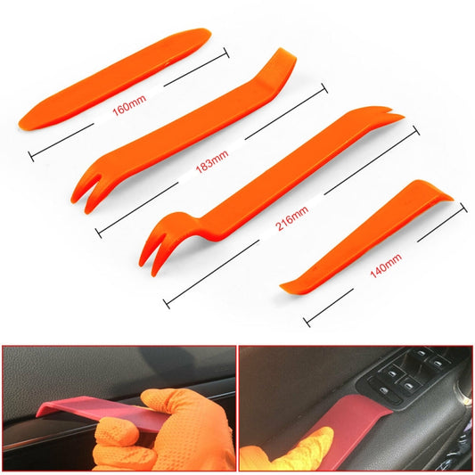 Car door pry tool set with orange plastic wedges and forked tips