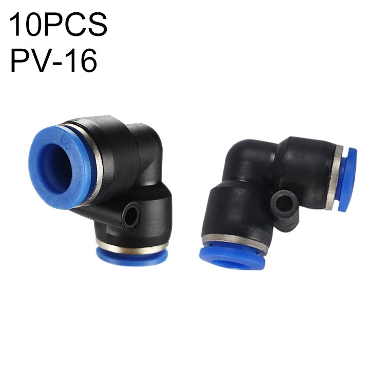Pneumatic elbow quick fitting connector set, PV-16, black with blue push-in ends (10 pcs)