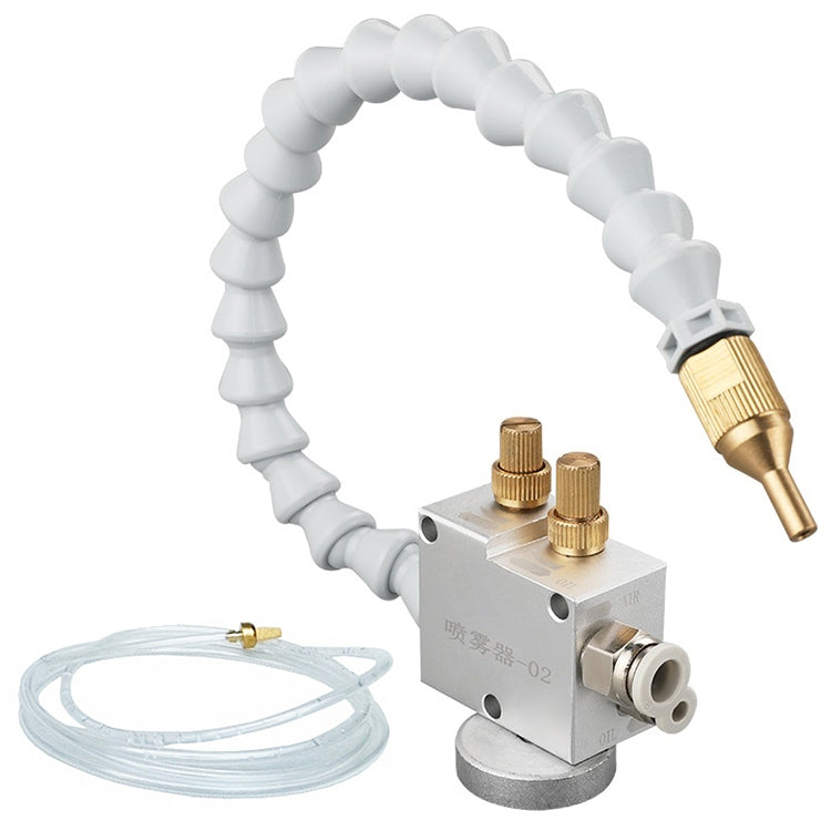 CNC coolant mist sprayer with flexible hose, brass nozzle, and magnetic base mount