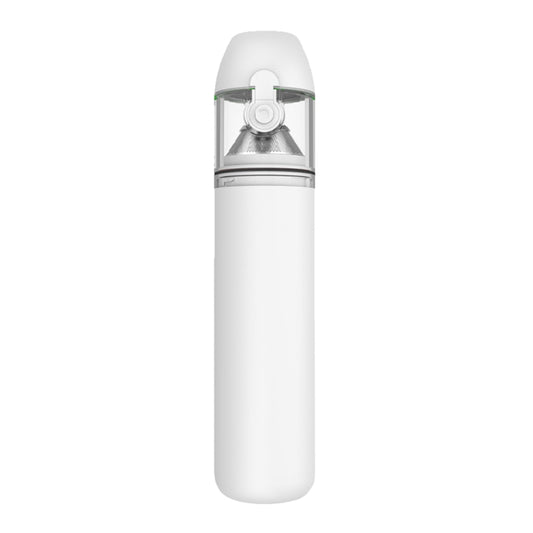 White handheld cordless car vacuum cleaner with transparent dust cup and top nozzle.