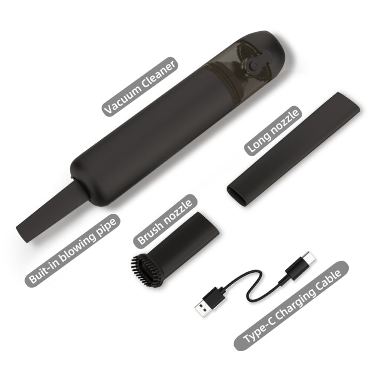 Black handheld cordless vacuum kit with long nozzle, brush nozzle, and Type-C charging cable.