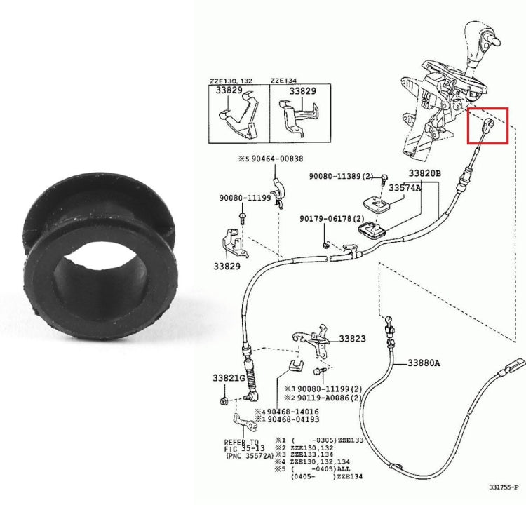 Black rubber cable end connector bushing highlighted in transmission parts diagram