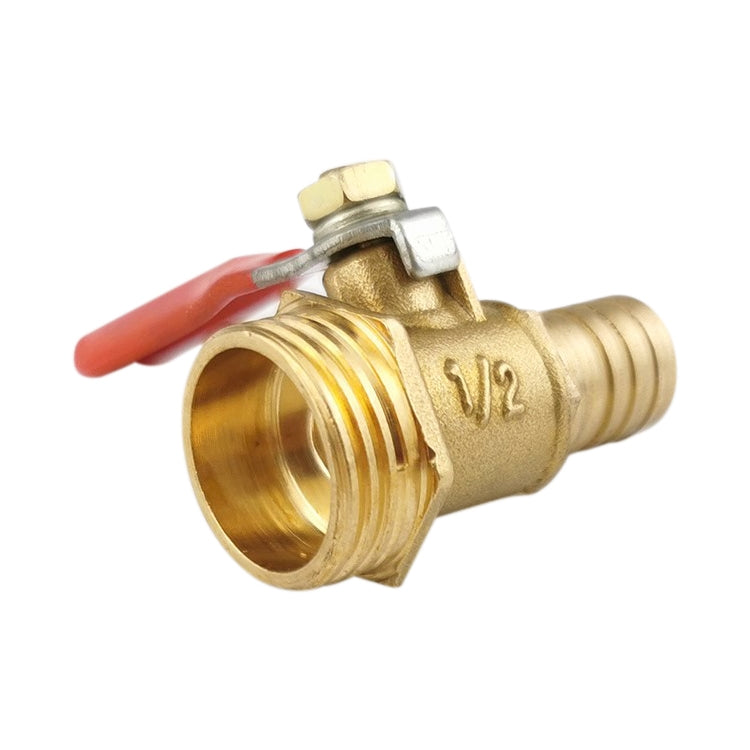 Brass pneumatic ball valve hose connector with red lever handle, marked 1/2 and threaded end