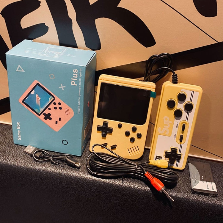 Handheld retro game console, yellow, with dual controls and built-in screen