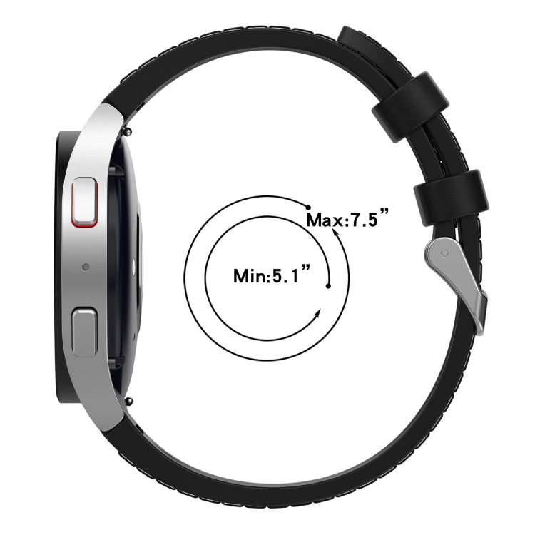 Black silicone smartwatch band with silver buckle and adjustment holes