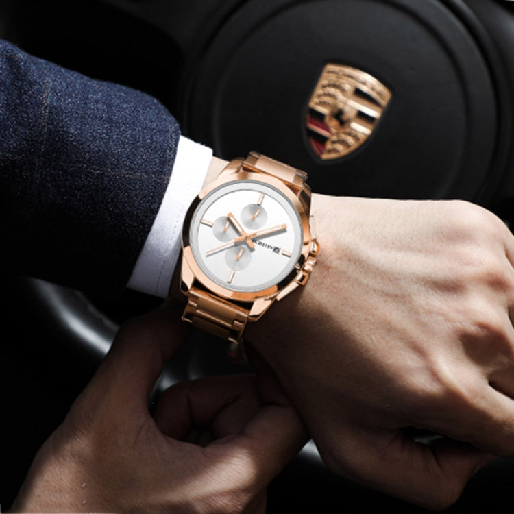 Men's rose gold quartz watch with white dial and steel link bracelet